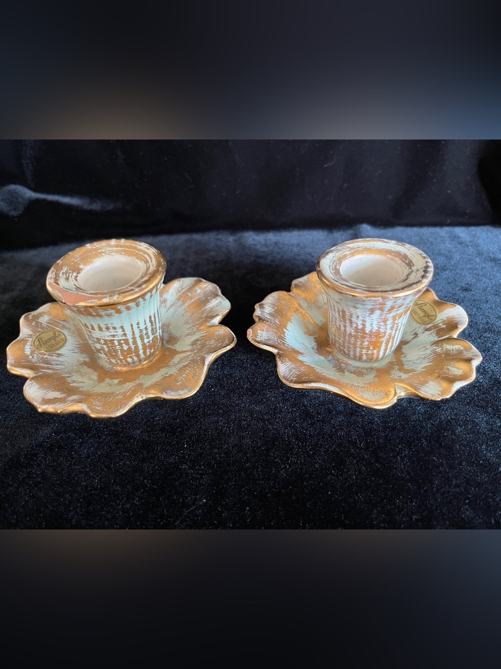 2 Vintage MCM Stangl PAIR Aqua Green  & 23k Gold Candlesticks, 5138 Pottery READ